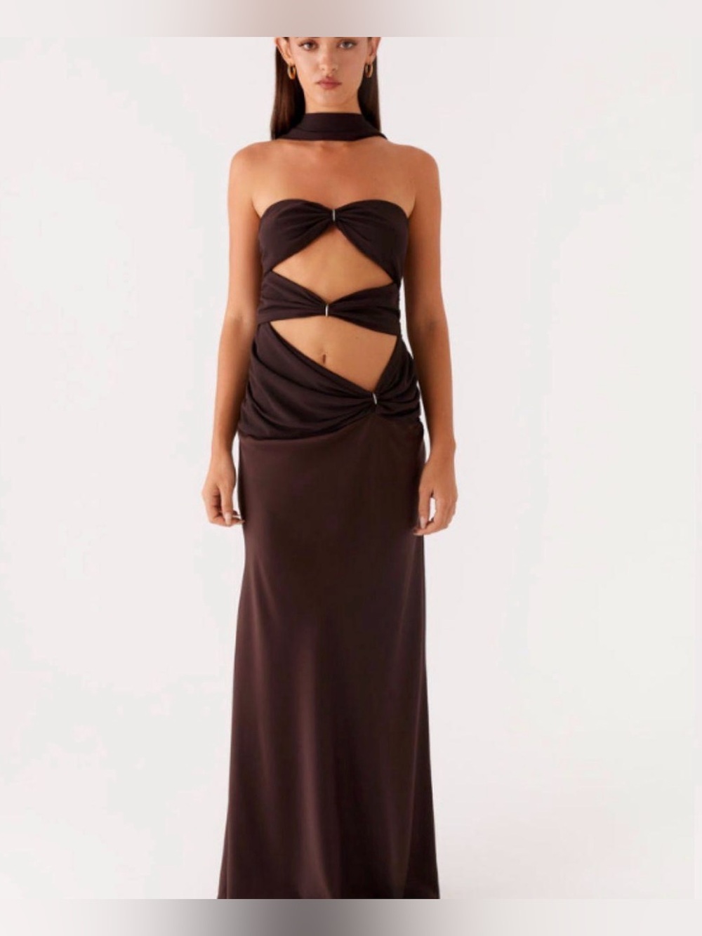 Peppermayo Strapless Cutout Maxi Dress in Chocolate Brown. Size 4. NWT